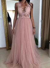 A-Line V-Neck Prom Dresses with Appliques, Tulle Long Evening Dress